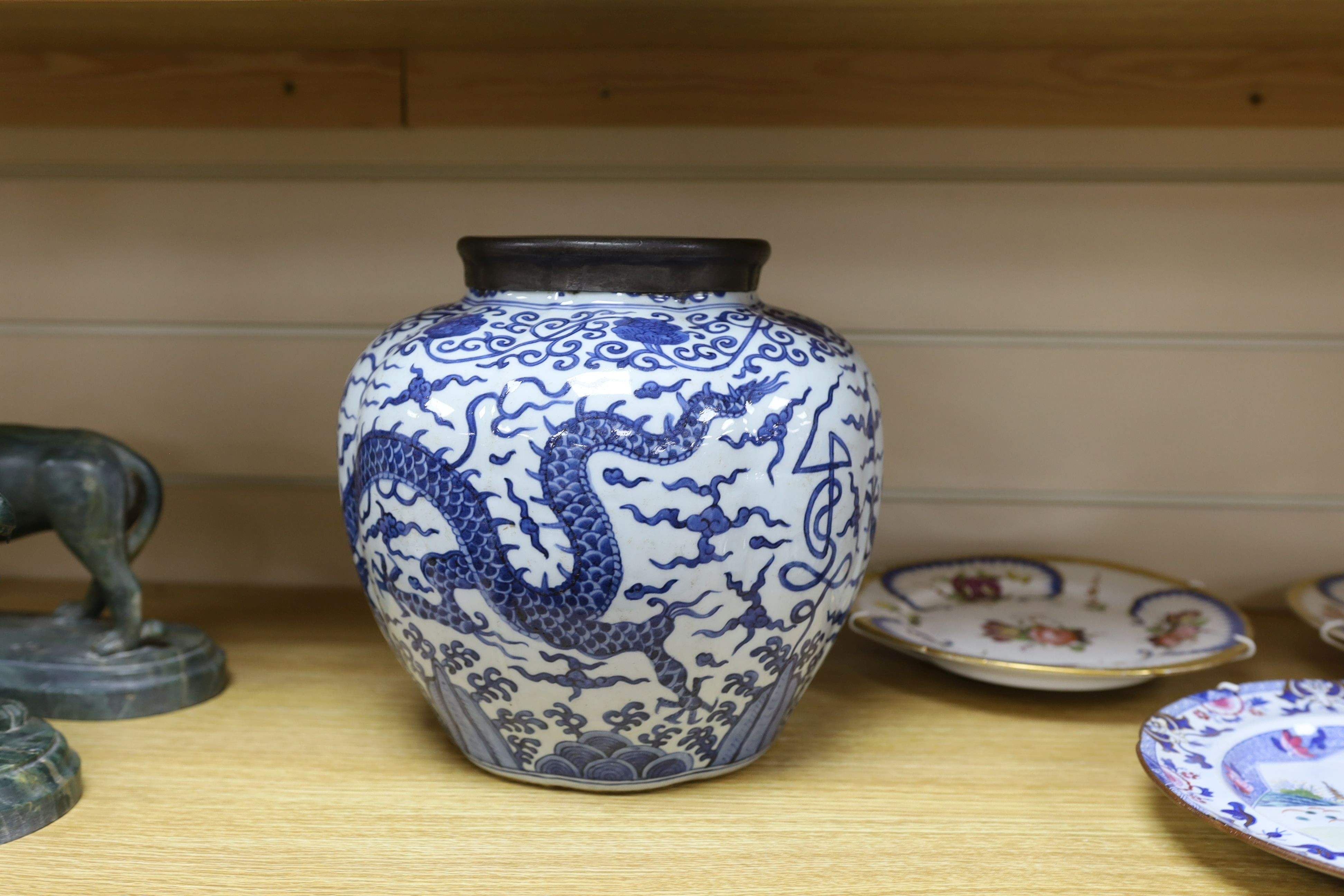 A Chinese blue and white ‘dragon jar, Wanli mark and possibly of the period, 23 cm high